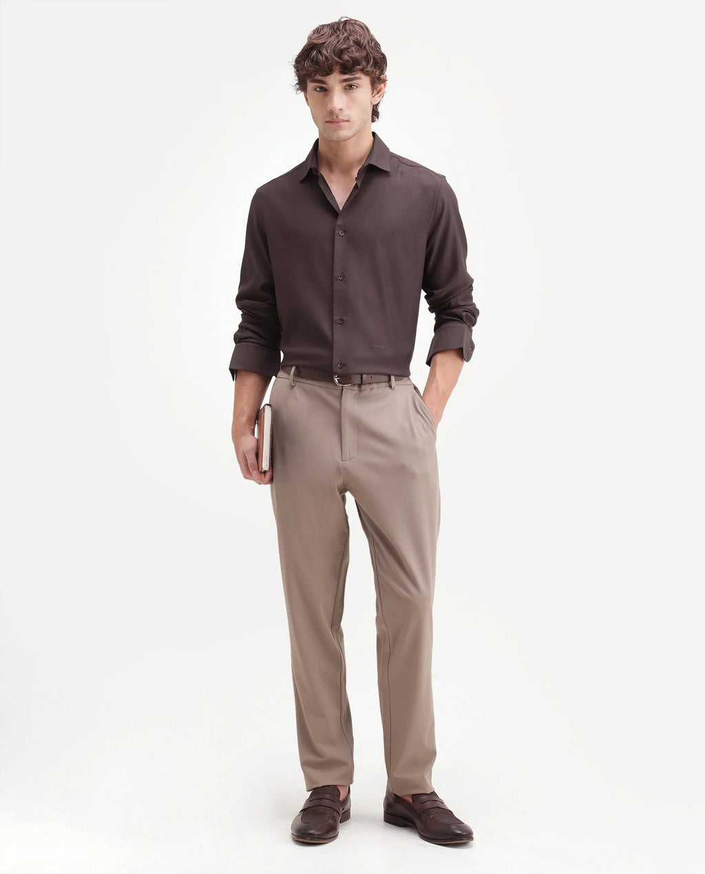 Rare Rabbit Men's Mer-Aw26 Dark Brown Polyester Blend Spread Collar Regular Plain Shirt