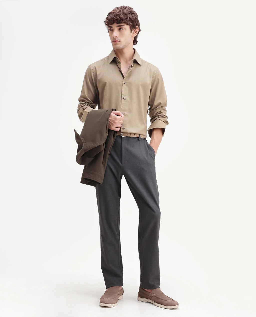 Rare Rabbit Men's Gunjo-Aw26 Dusky Green Polyester Blend Spread Collar Regular Plain Shirt
