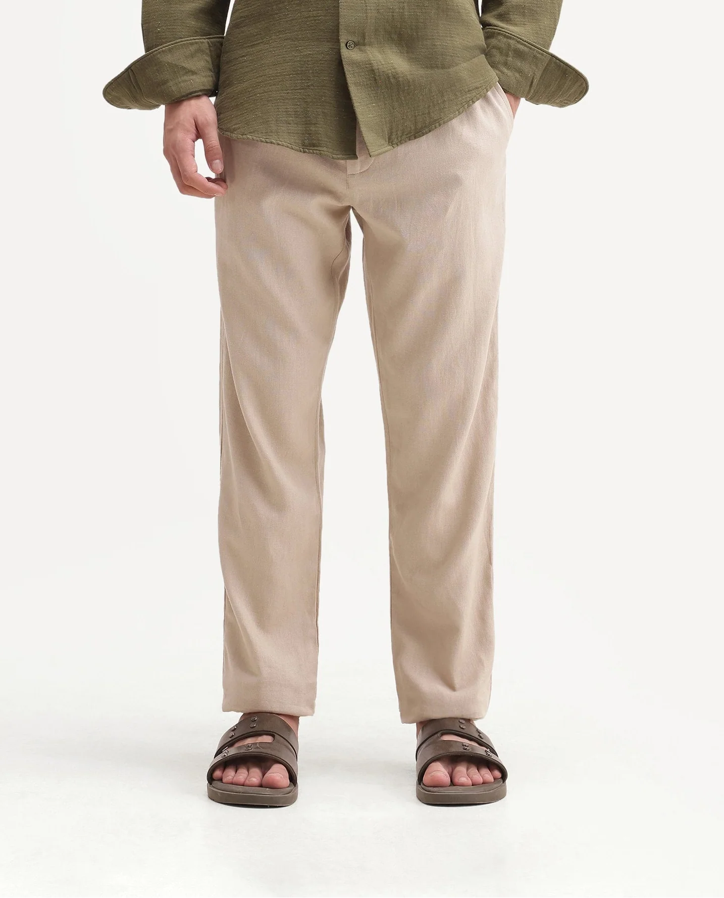 Rare Rabbit Men's Jomo-Aw26 Beige Linen Blend Fabric Regular Fit Plain Trouser