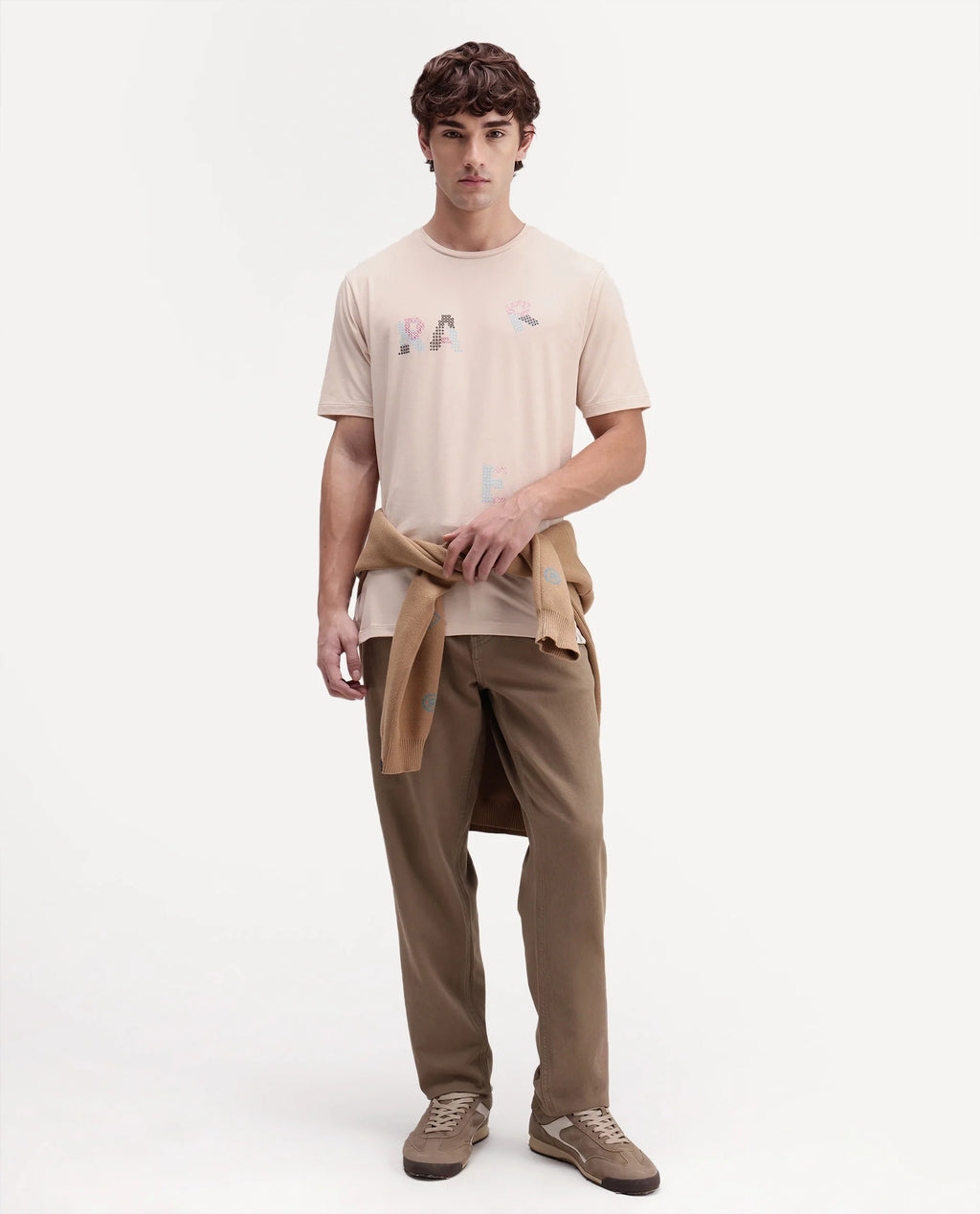 Rare Rabbit Men's Pexo Light Beige Cotton Blend Crew Neck Regular Graphic Print T-Shirt