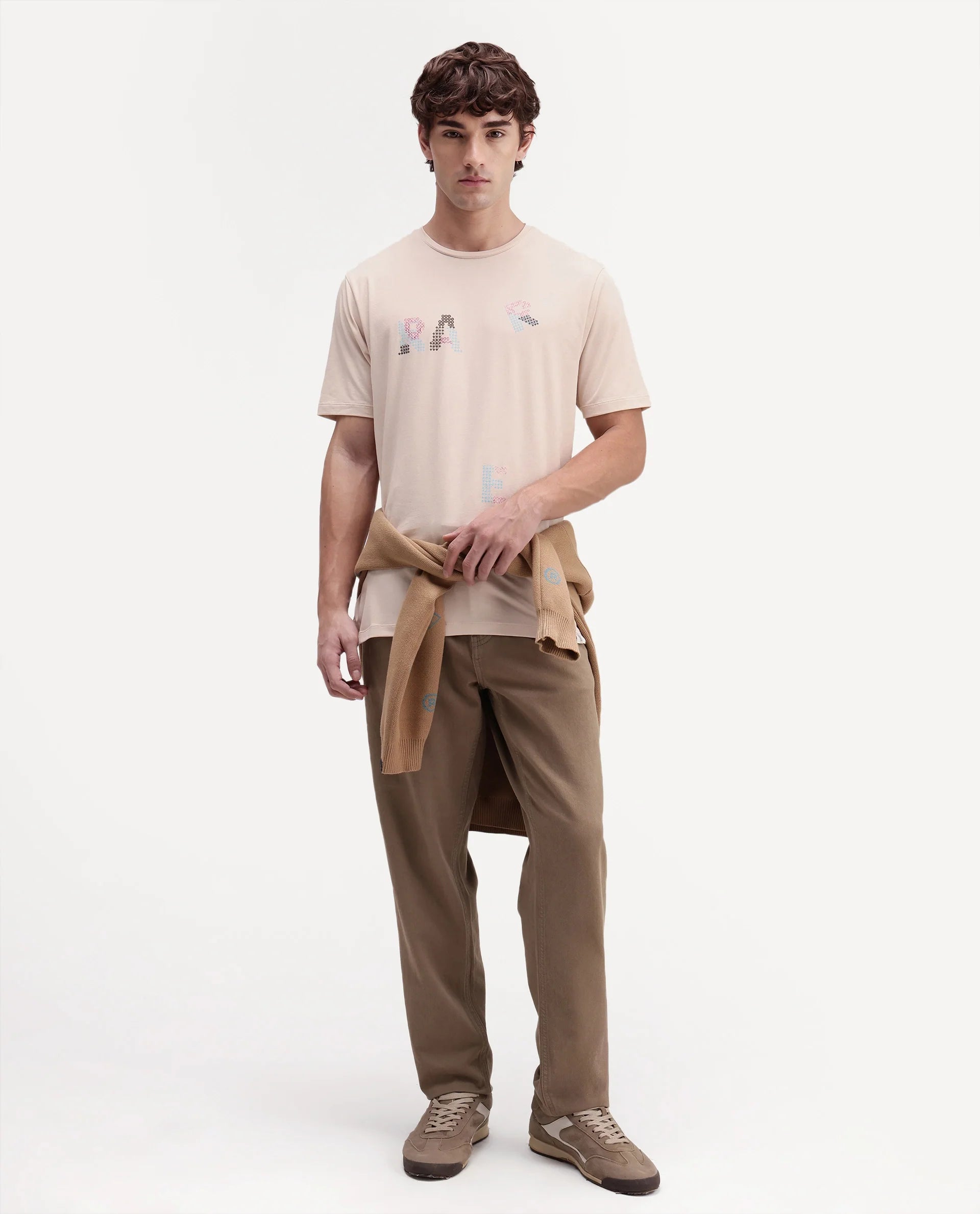 Rare Rabbit Men's Pexo Light Beige Cotton Blend Crew Neck Regular Graphic Print T-Shirt