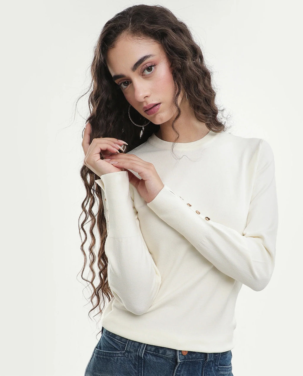 Rareism Women's Loran Off White Viscose Blend Crew Neck Regular Fit Plain Top