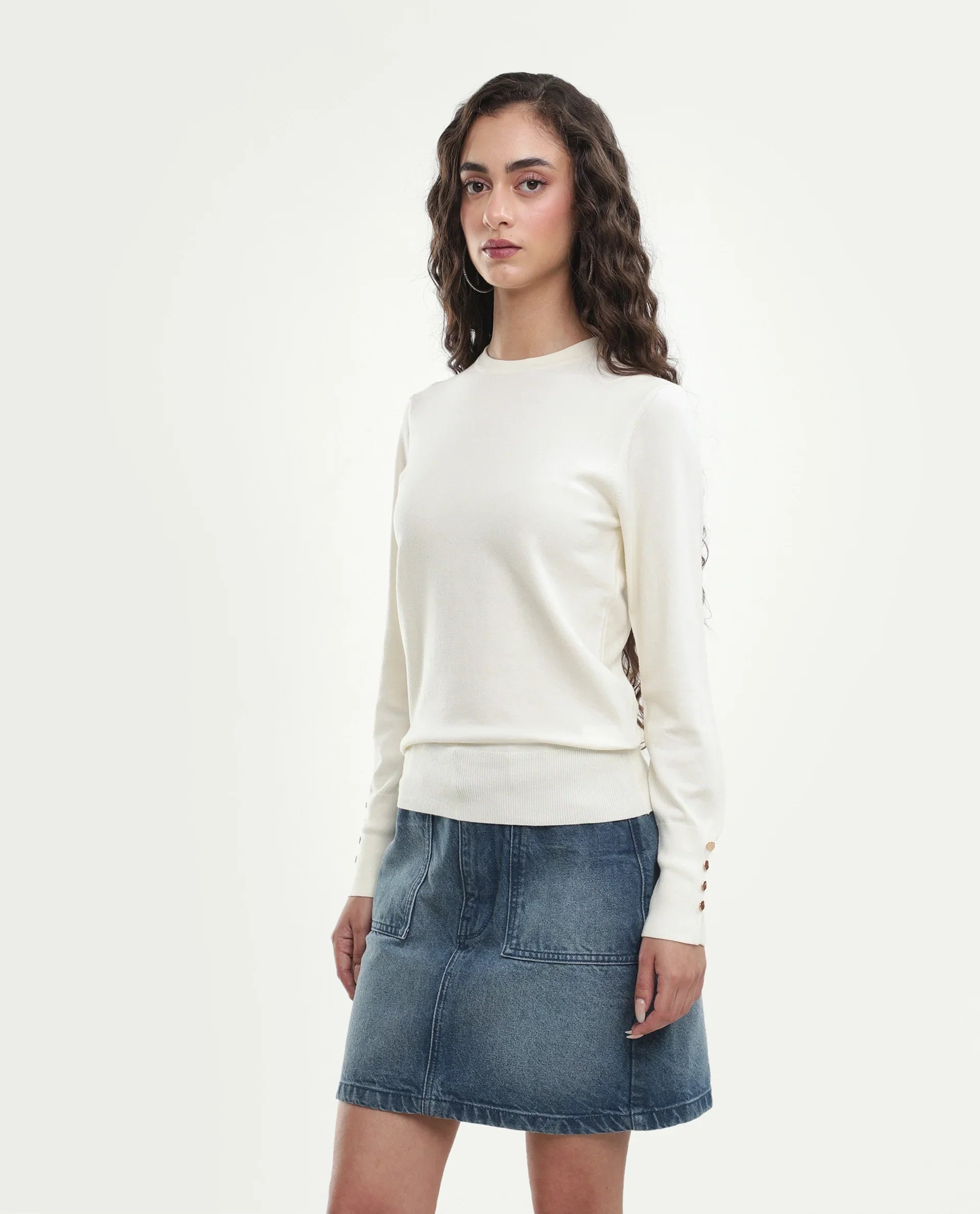Rareism Women's Loran Off White Viscose Blend Crew Neck Regular Fit Plain Top