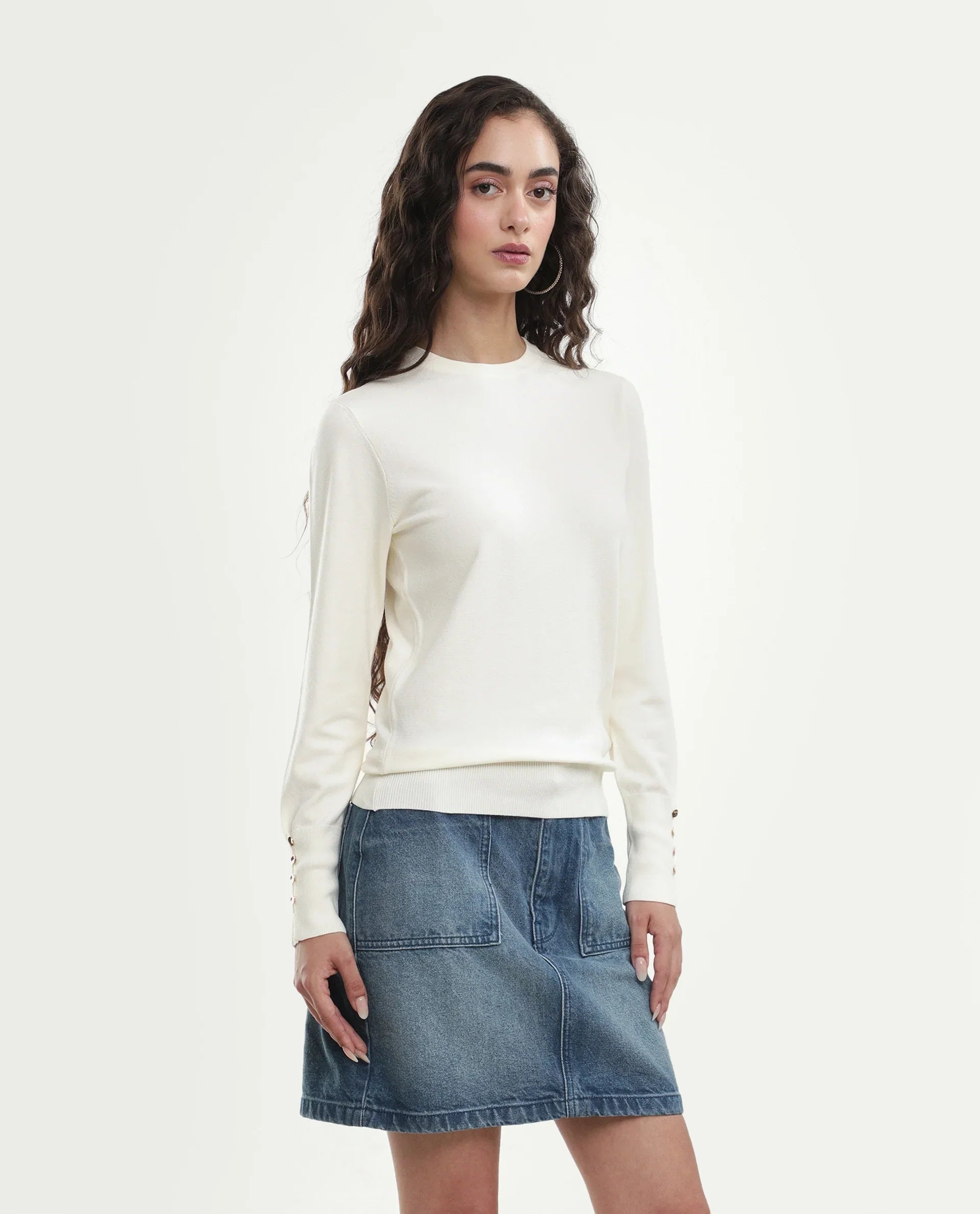 Rareism Women's Loran Off White Viscose Blend Crew Neck Regular Fit Plain Top