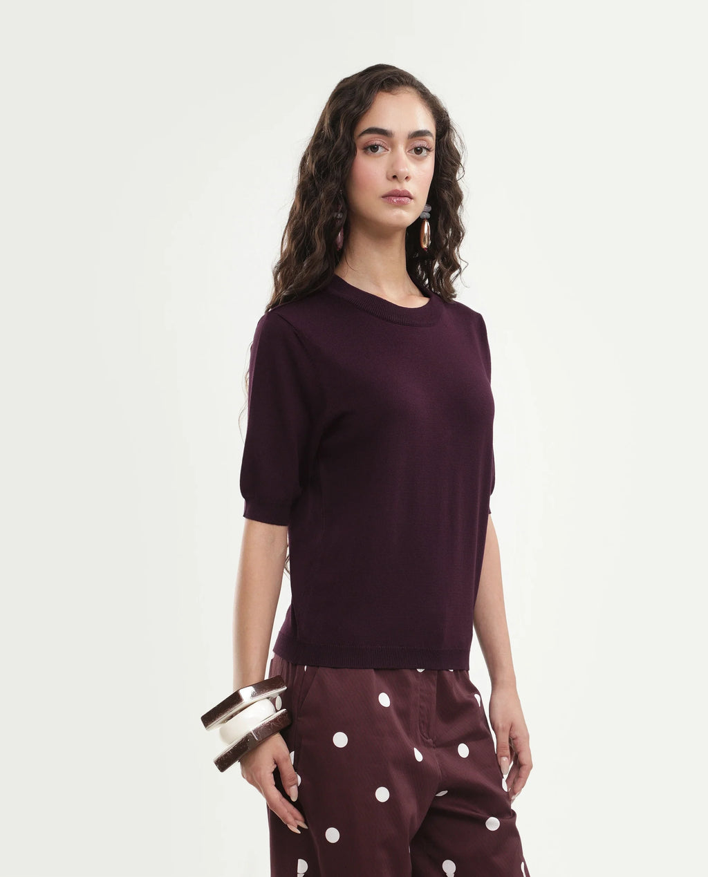 Rareism Women's Rohrdoaw26 Dark Maroon Viscose Blend Crew Neck Regular Fit Plain Top