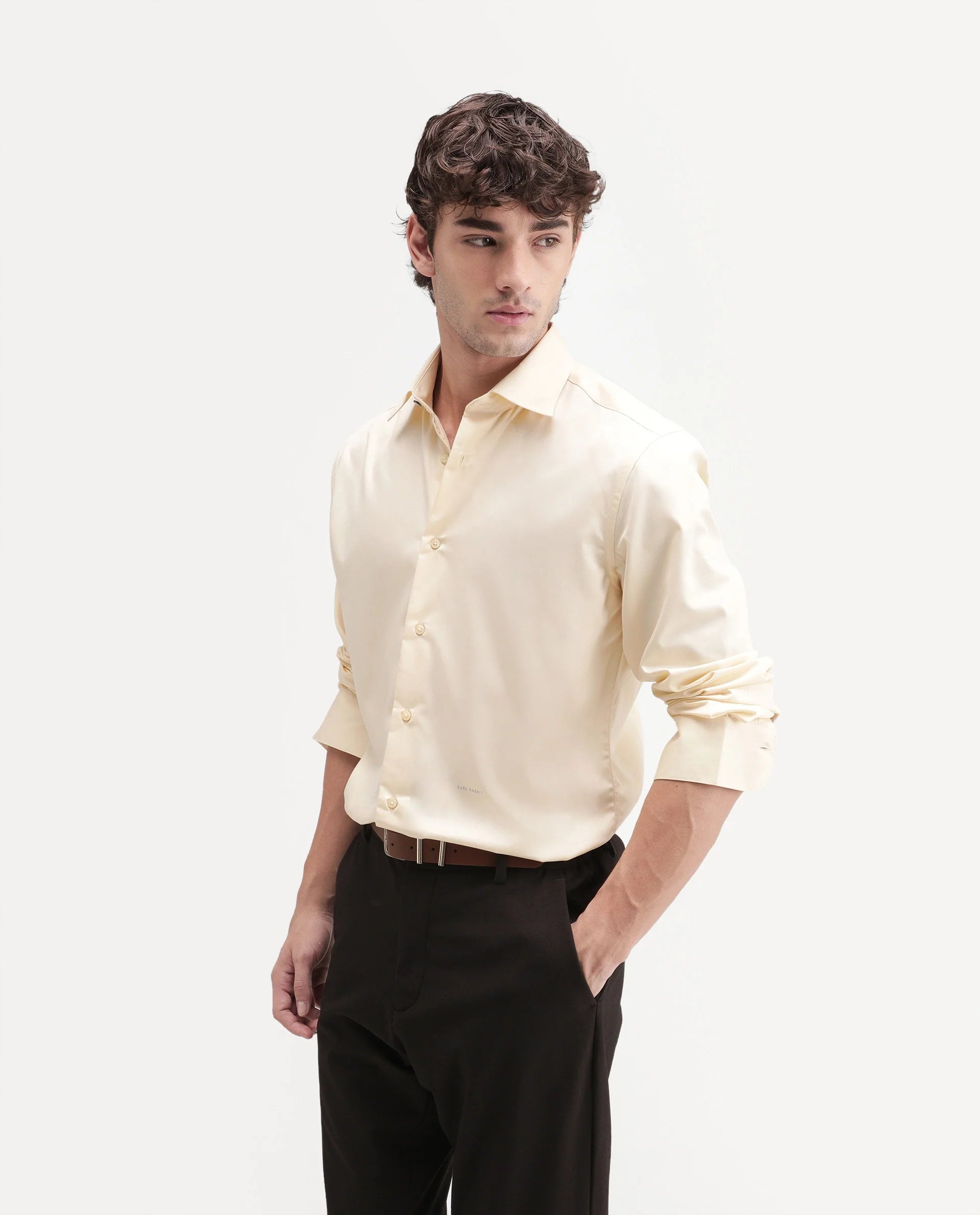 Rare Rabbit Men's Aston Light Yellow Polyester Blend Spread Collar Button Regular Plain Shirt