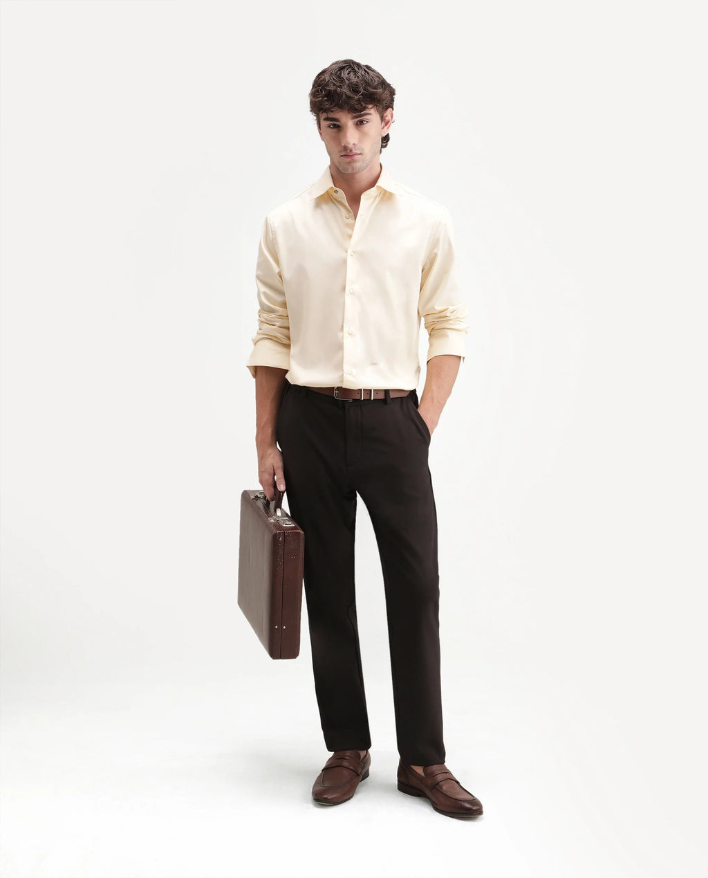 Rare Rabbit Men's Aston Light Yellow Polyester Blend Spread Collar Button Regular Plain Shirt
