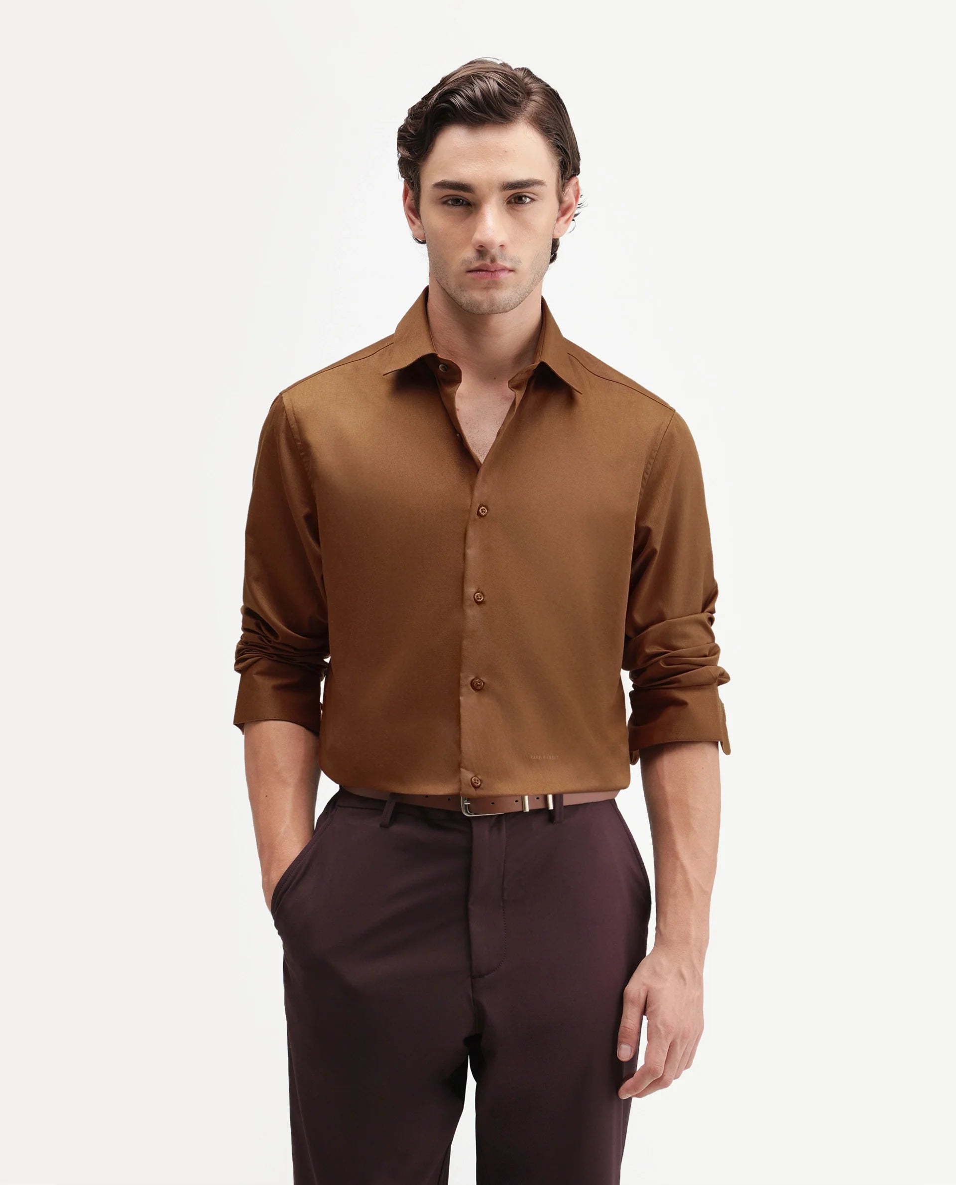 Rare Rabbit Men's Aston Dusky Brown Polyester Blend Spread Collar Button Regular Plain Shirt