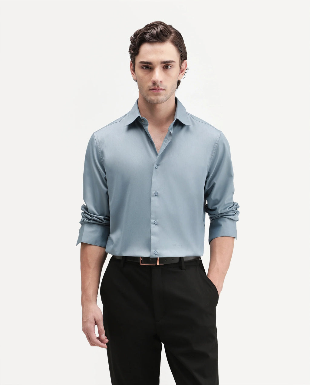 Rare Rabbit Men's Aston Blue Polyester Blend Spread Collar Button Regular Plain Shirt