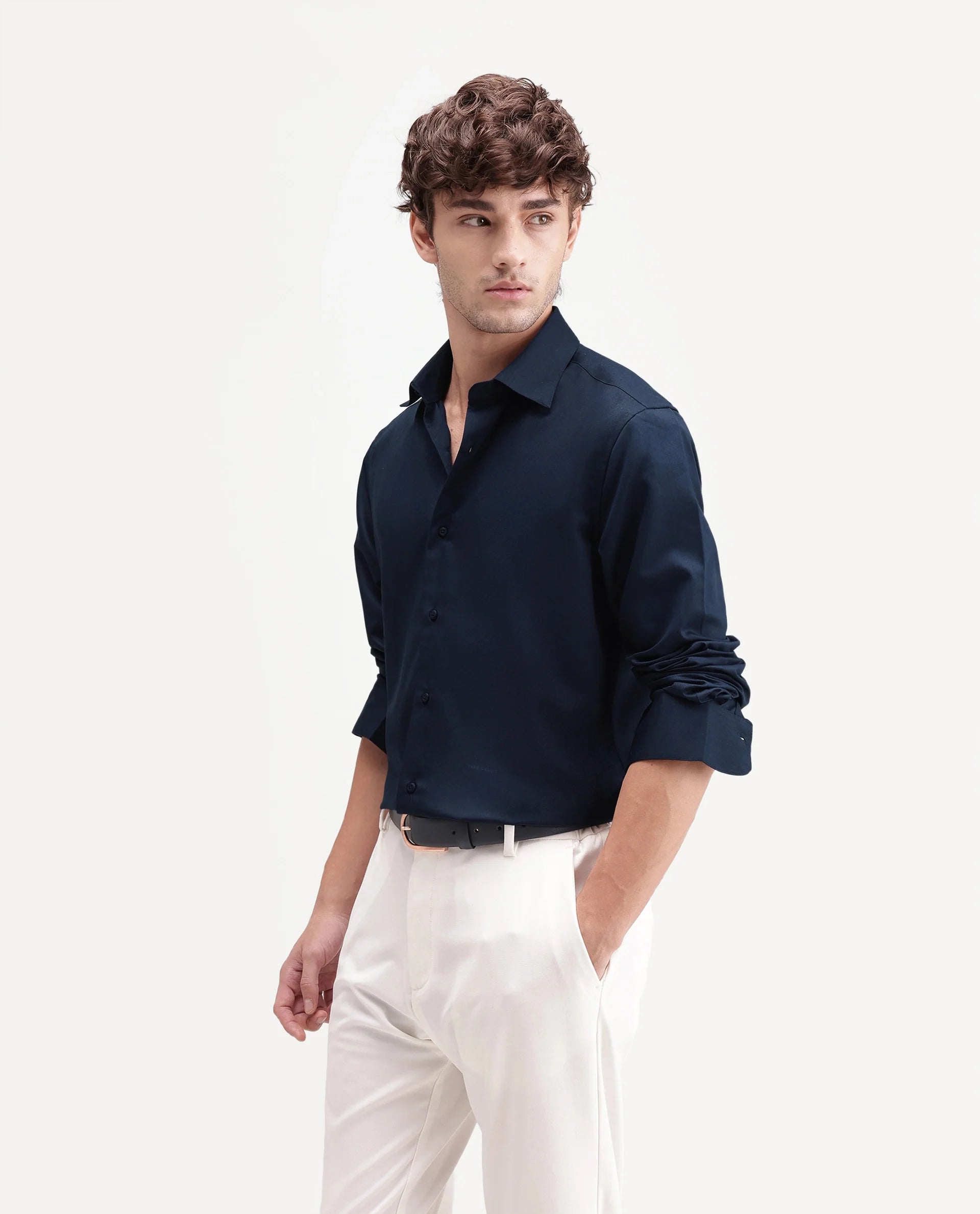 Rare Rabbit Men's Aston Navy Polyester Blend Spread Collar Button Regular Plain Shirt