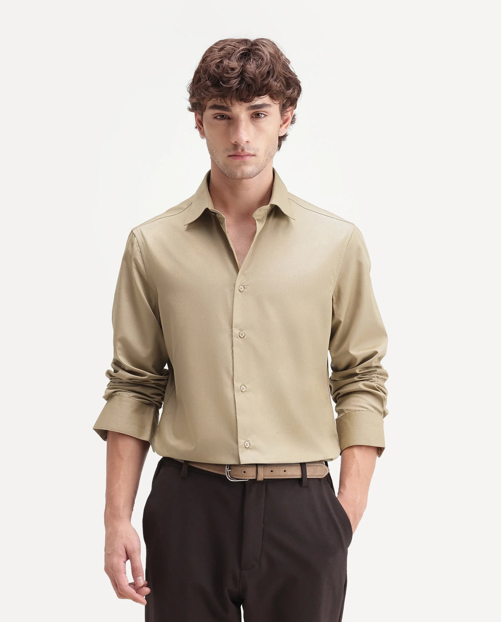 Rare Rabbit Men's Aston Gold Polyester Blend Spread Collar Button Regular Plain Shirt