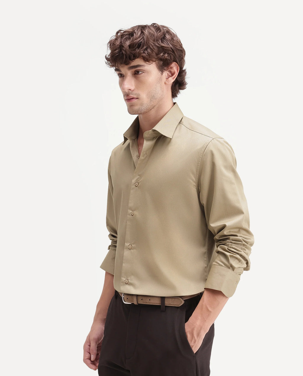 Rare Rabbit Men's Aston Gold Polyester Blend Spread Collar Button Regular Plain Shirt