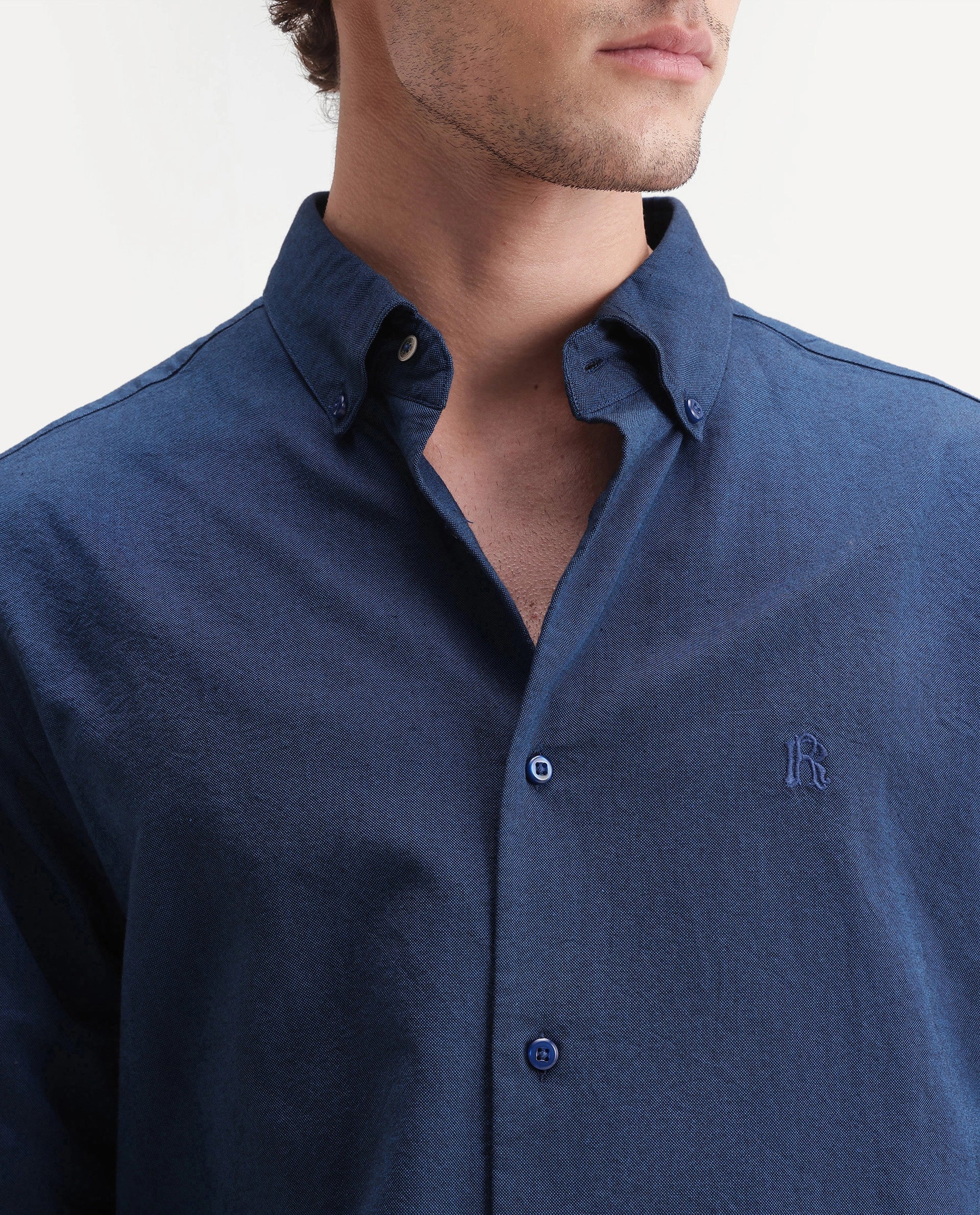 Rare Rabbit Men's Rezos Dark Blue Cotton Button-Down Collar Regular Fit Plain Shirt