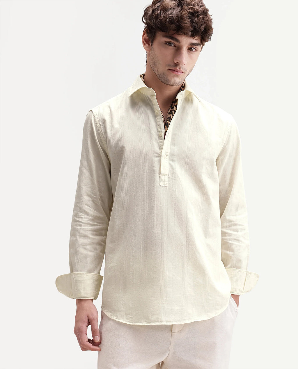 Rare Rabbit Men's Kord Off White Cotton Spread Collar Regular Fit Striped Shirt