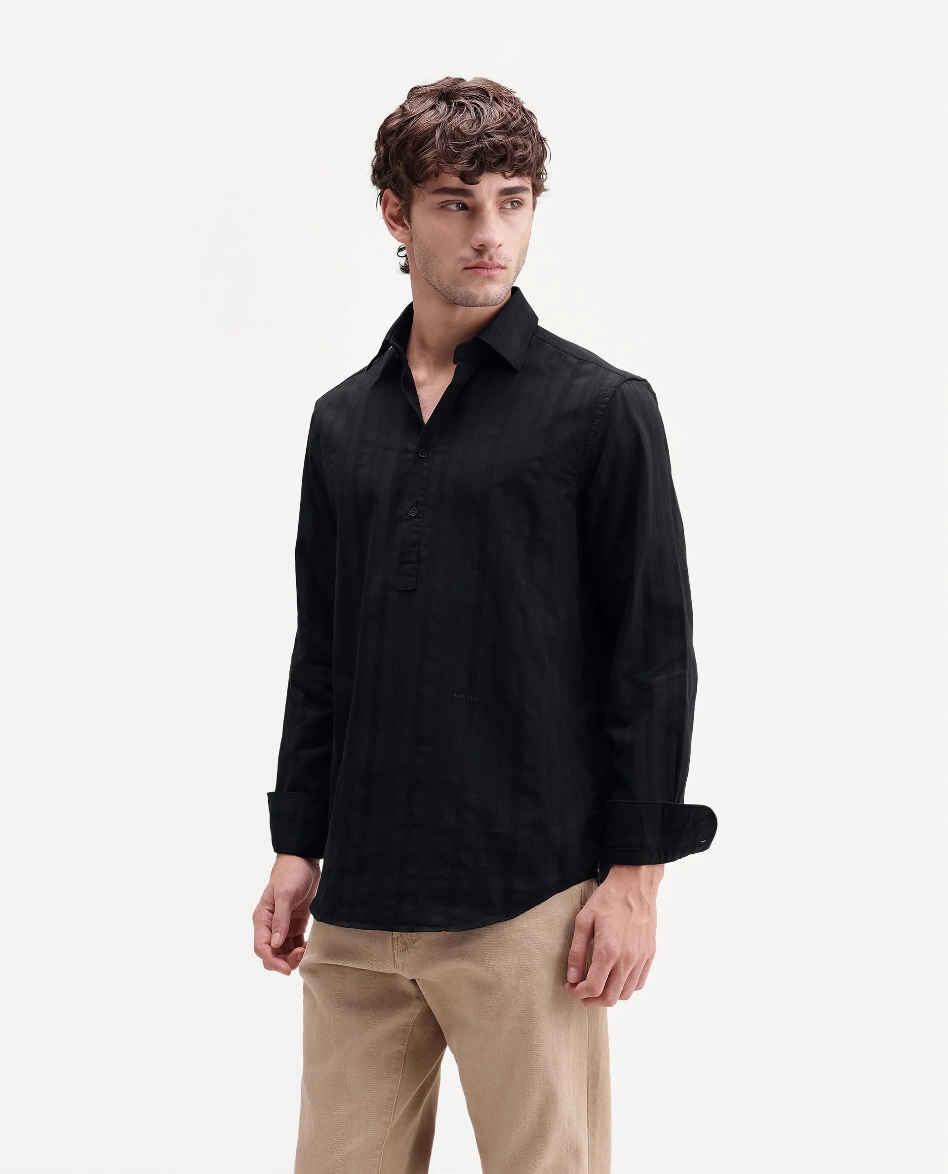 Rare Rabbit Men's Kord Black Cotton Spread Collar Regular Fit Striped Shirt