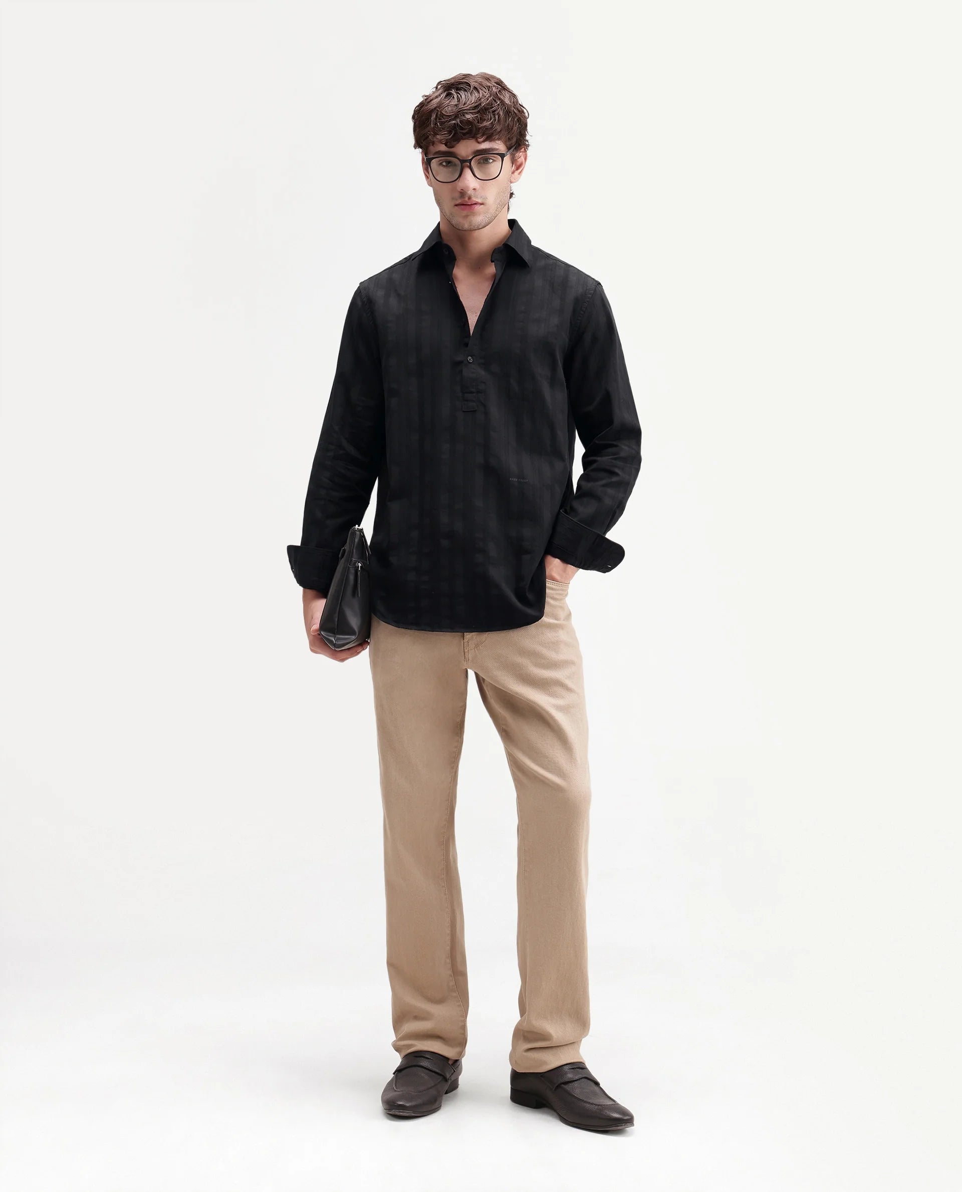 Rare Rabbit Men's Kord Black Cotton Spread Collar Regular Fit Striped Shirt