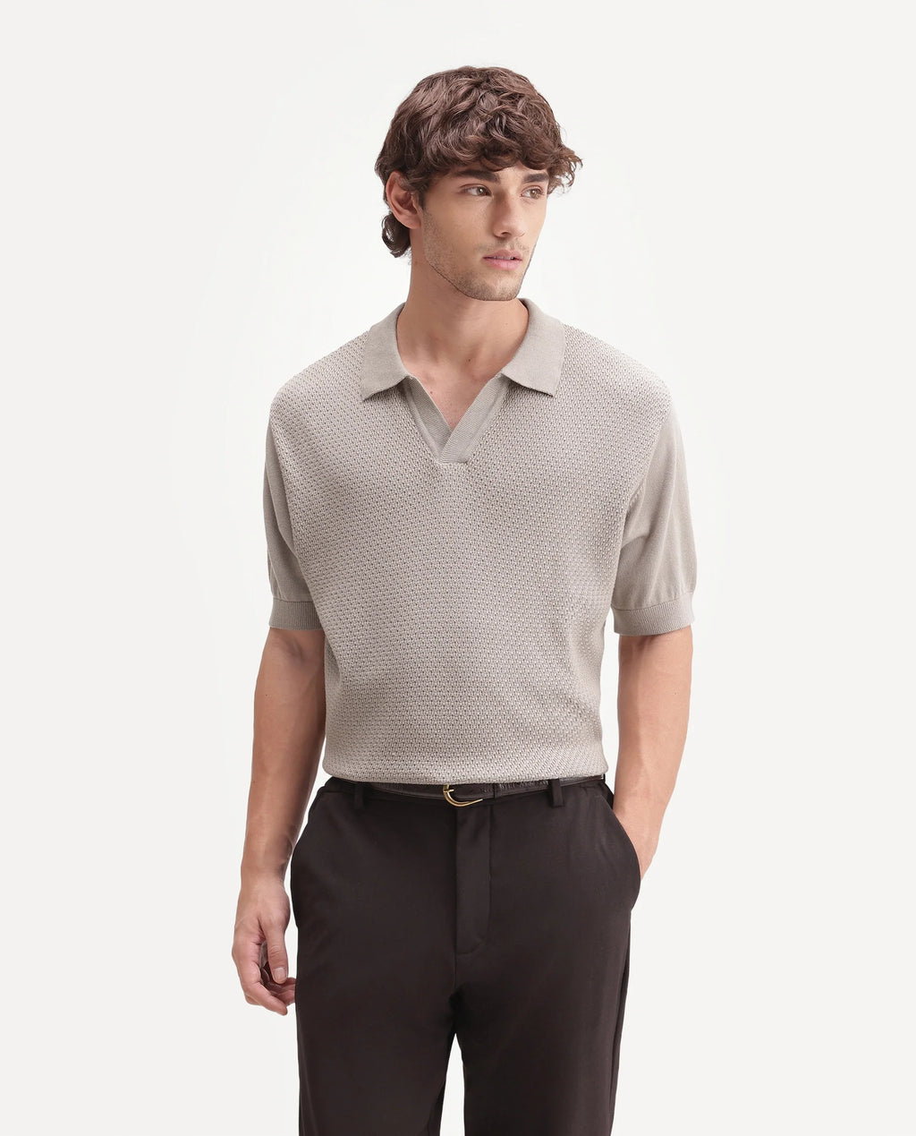 Rare Rabbit Men's Zegot Primary Beige Cotton Johnny Collar Regular Textured Polo