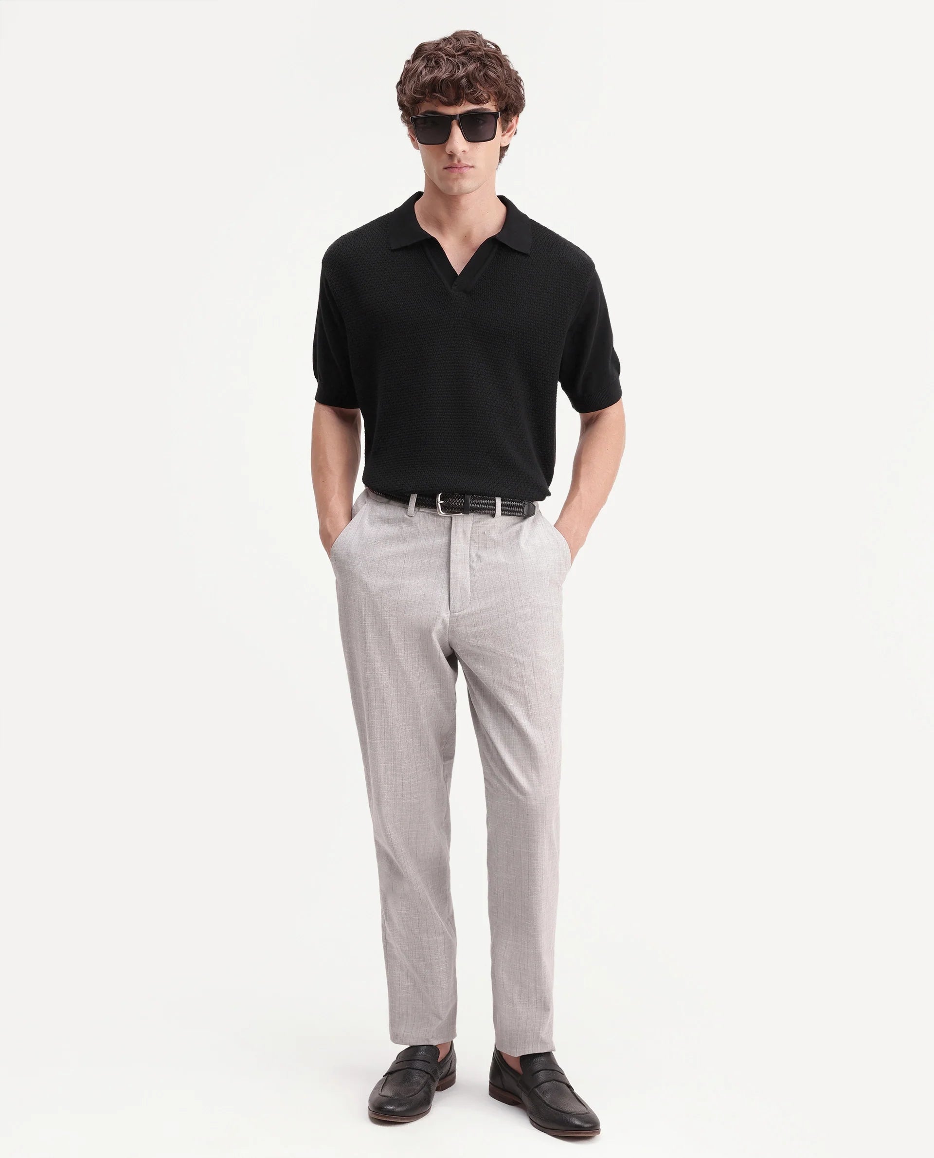 Rare Rabbit Men's Zegot Primary Black Cotton Johnny Collar Regular Textured Polo