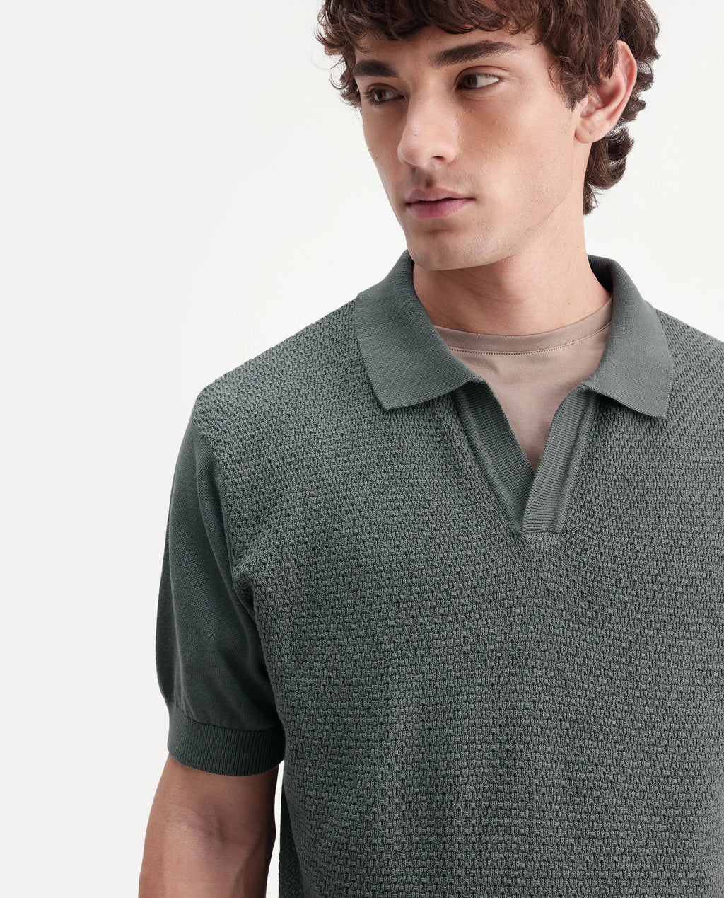 Rare Rabbit Men's Zegot Dark Green Cotton Johnny Collar Regular Textured Polo