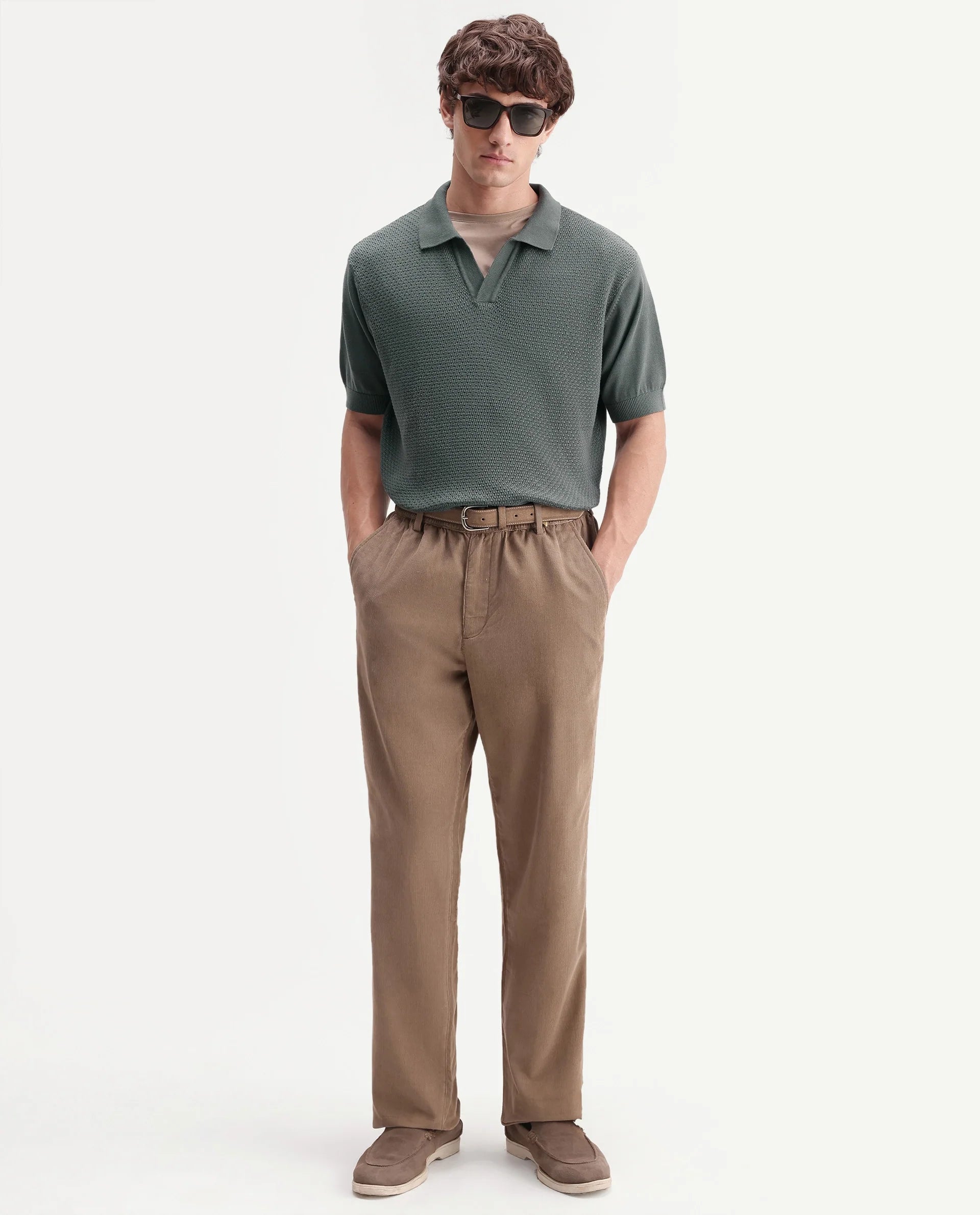 Rare Rabbit Men's Zegot Dark Green Cotton Johnny Collar Regular Textured Polo