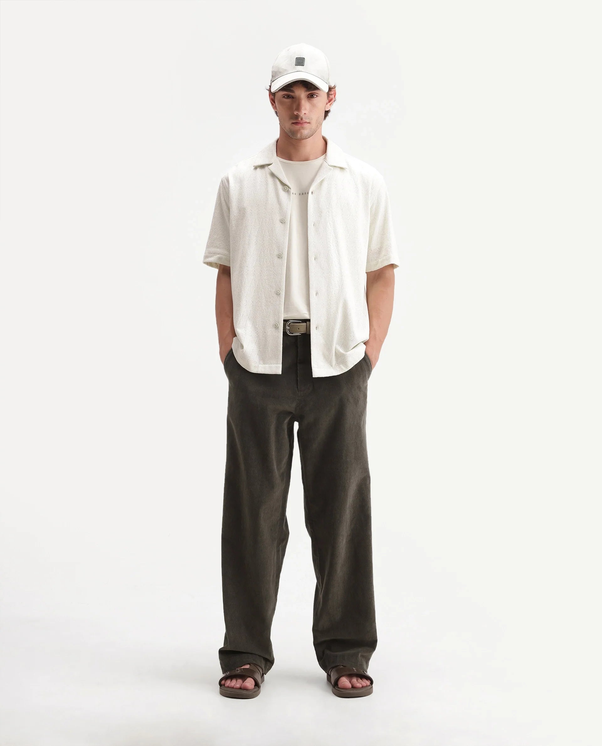 Rare Rabbit Men's Cordo Primary Olive Cotton Blend Button And Zip Regular Plain Trouser