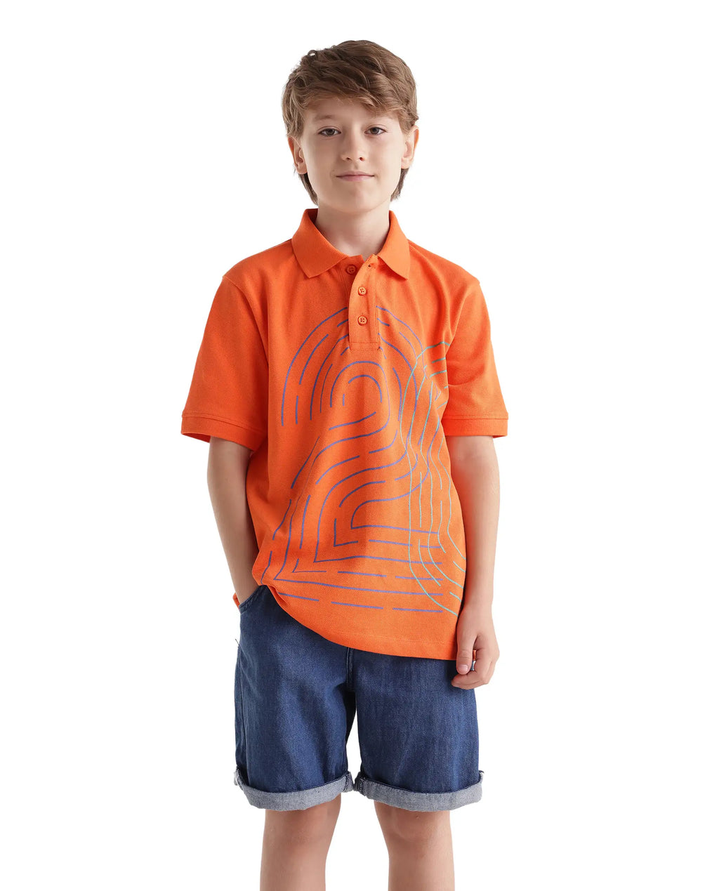 Rare Ones Kids Haus Orange Cotton Blend Fabric Button Closure Regular Fit Graphic Print Polo