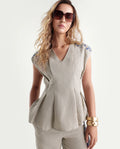 Rareism Women's Rubino Dusky Beige 100% Linen V-Neck Pull-On Regular Plain Top