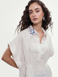 Rareism Women's Rubor Primary Off White 100% Linen Spread Collar Button Boxy Plain Top
