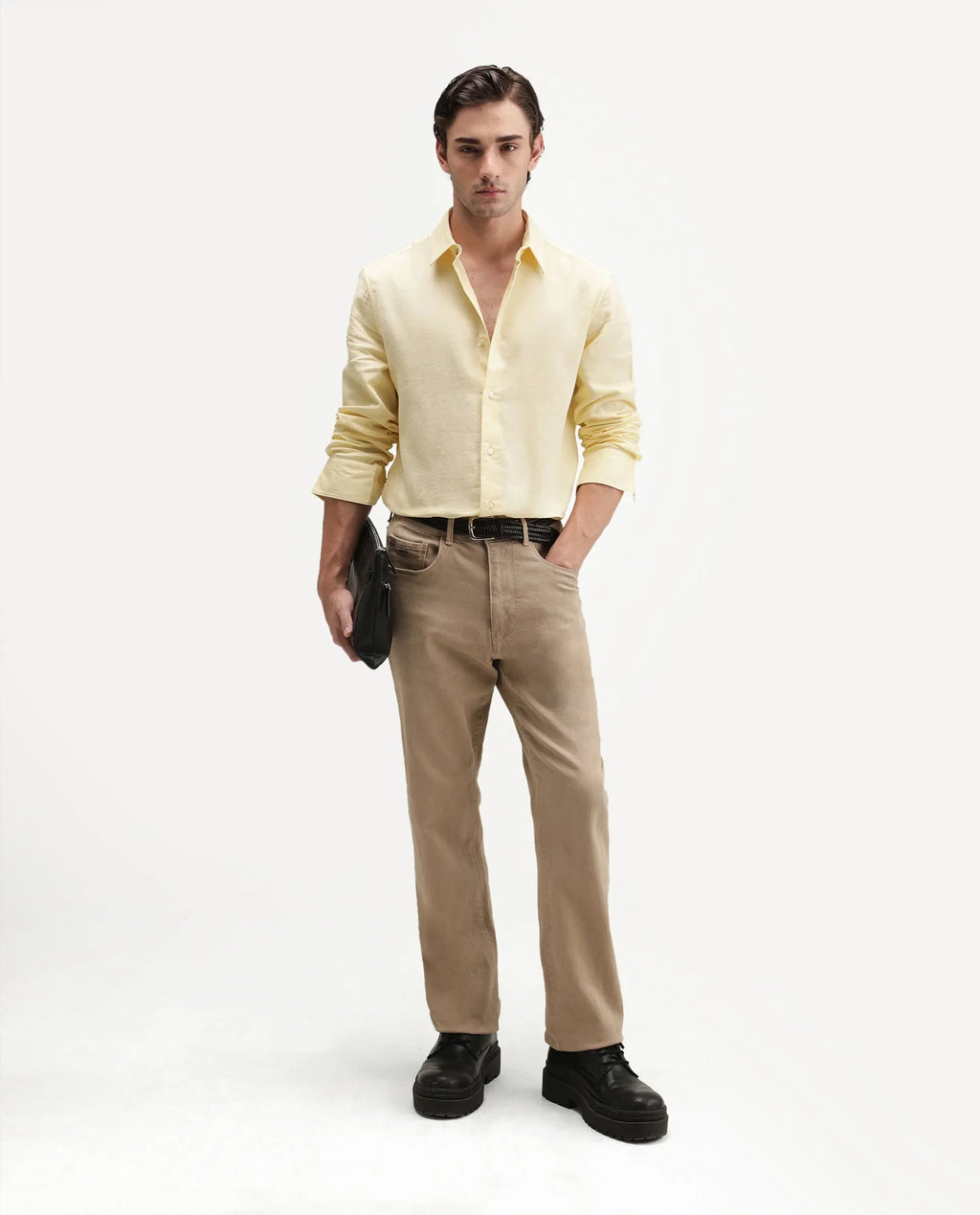 Rare Rabbit Men's Ryv Light Yellow Cotton Spread Collar Button Regular Plain Shirt