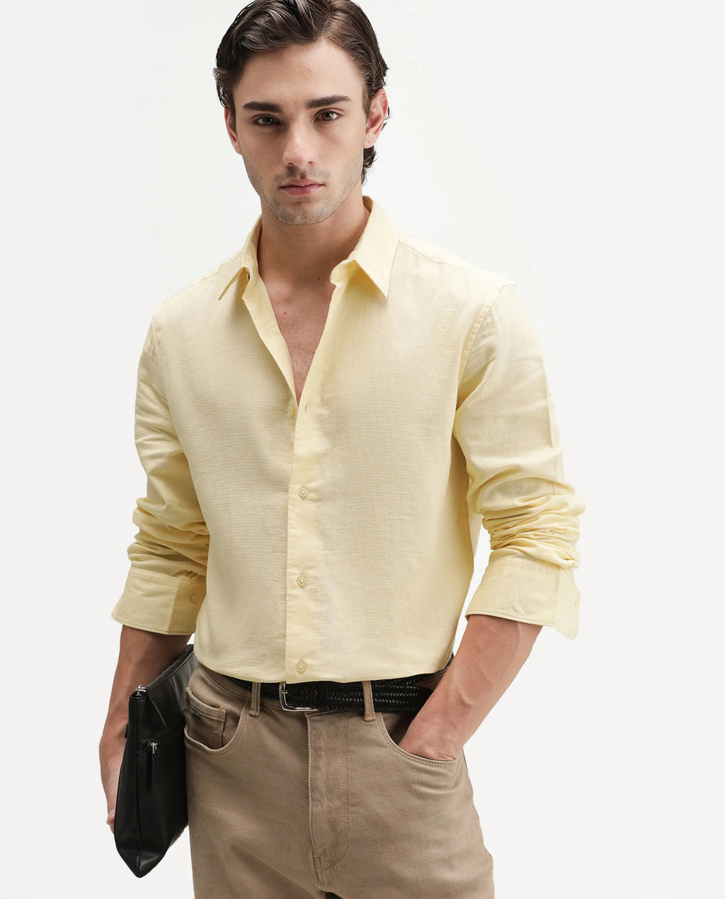 Rare Rabbit Men's Ryv Light Yellow Cotton Spread Collar Button Regular Plain Shirt