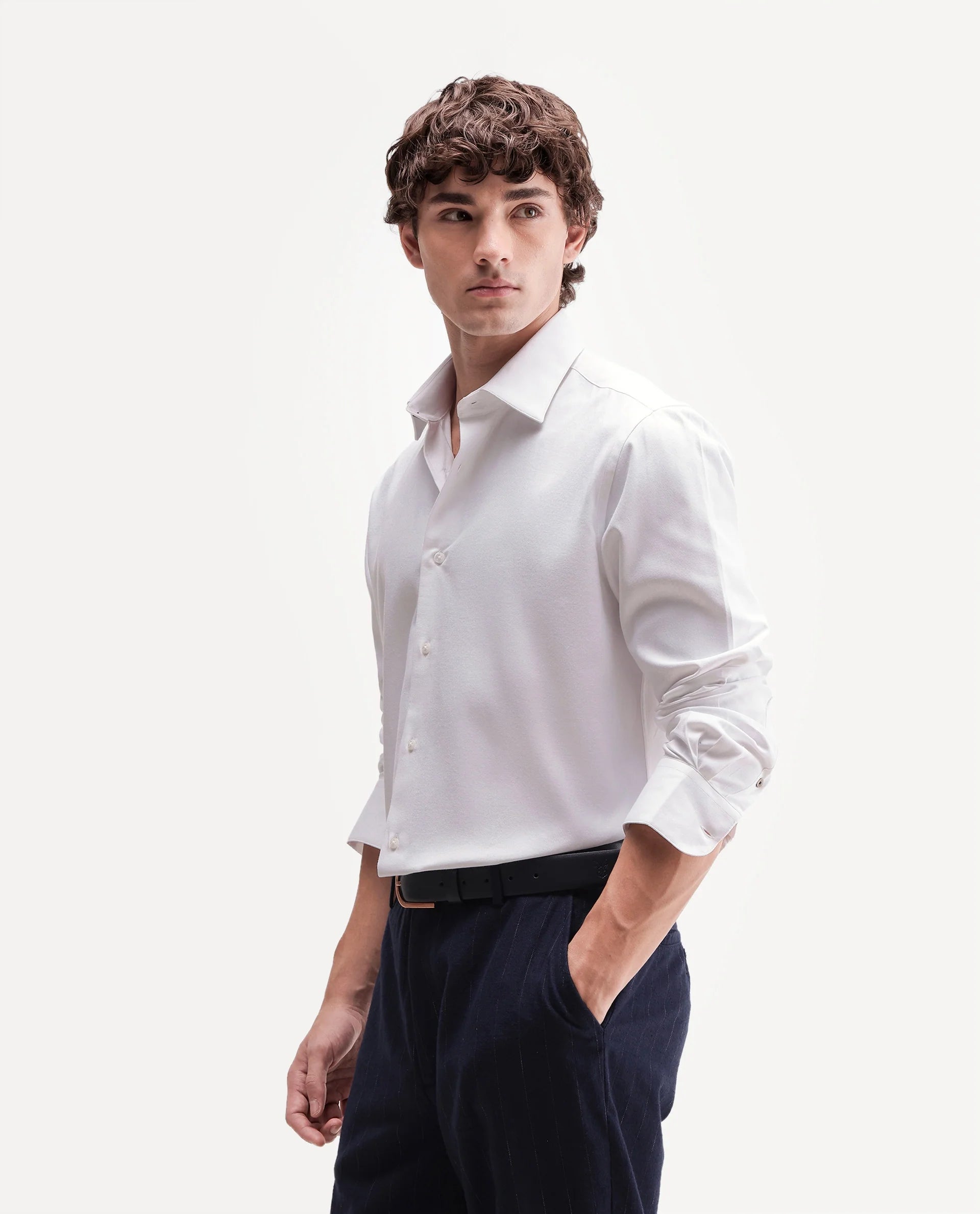 Rare Rabbit Men's Ervon Primary White Polyester Blend Spread Collar Button Regular Plain Shirt