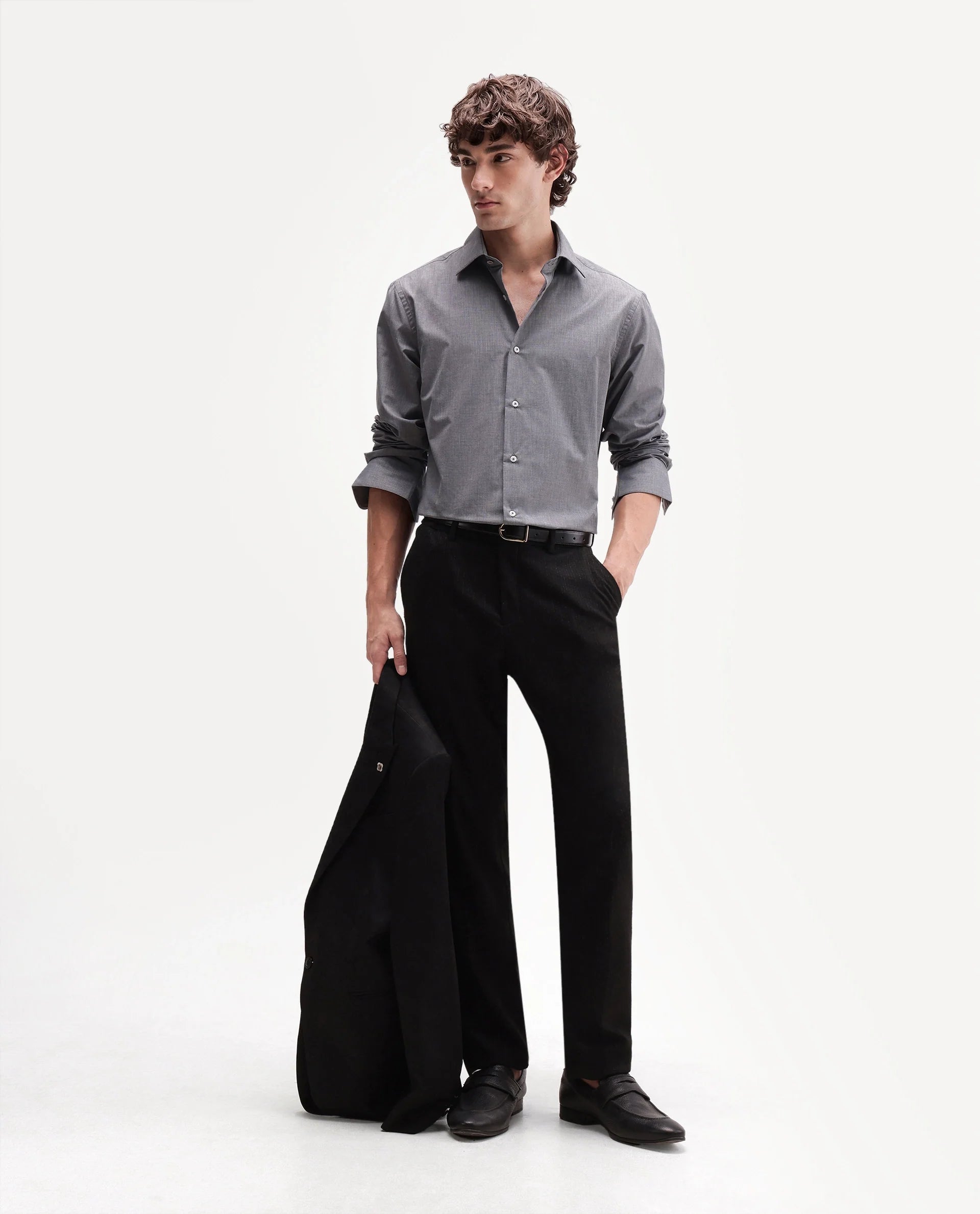Rare Rabbit Men's Ervon Dark Grey Polyester Blend Spread Collar Button Regular Plain Shirt