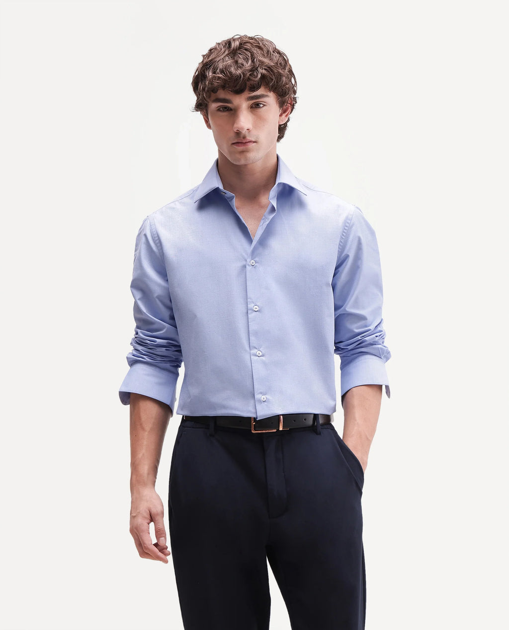Rare Rabbit Men's Ervon Primary Blue Polyester Blend Spread Collar Button Regular Plain Shirt