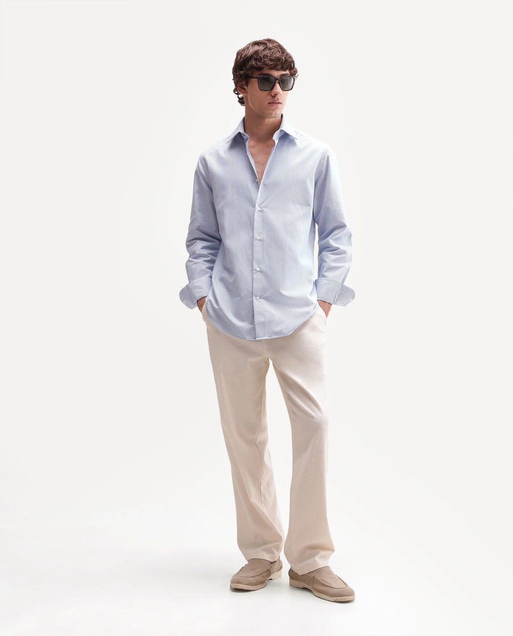 Rare Rabbit Men's Axiro Primary Blue Cotton Blend Spread Collar Button Regular Striped Shirt