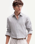 Rare Rabbit Men's Axiro Primary Grey Cotton Blend Spread Collar Button Regular Striped Shirt