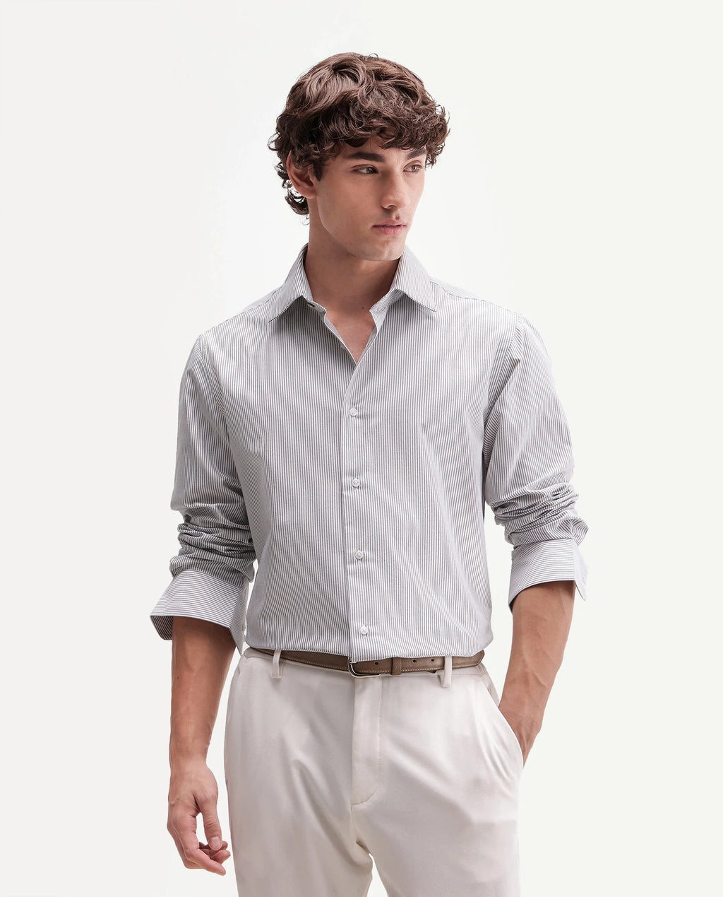 Rare Rabbit Men's Axiro Primary Grey Cotton Blend Spread Collar Button Regular Striped Shirt