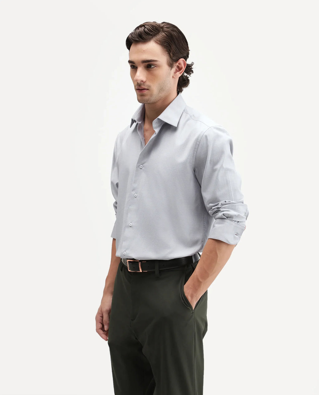 Rare Rabbit Men's Ervan Light Grey Polyester Blend Spread Collar Button Regular Plain Shirt