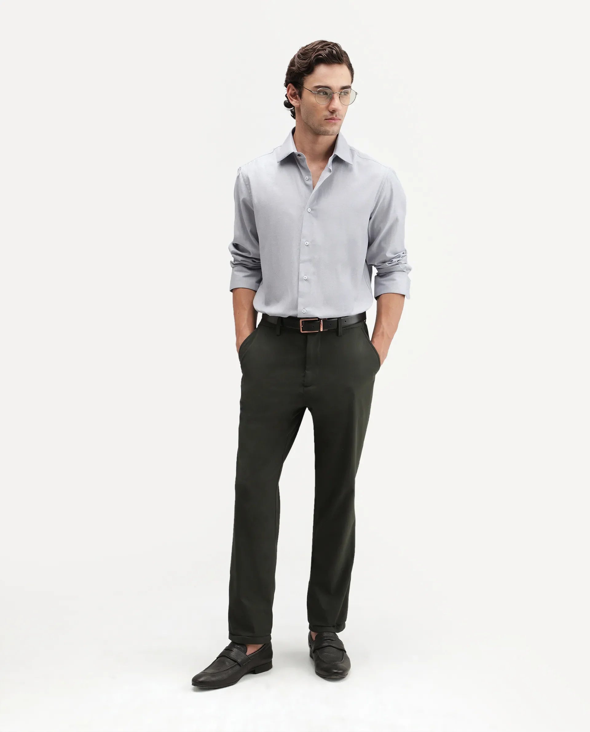 Rare Rabbit Men's Ervan Light Grey Polyester Blend Spread Collar Button Regular Plain Shirt