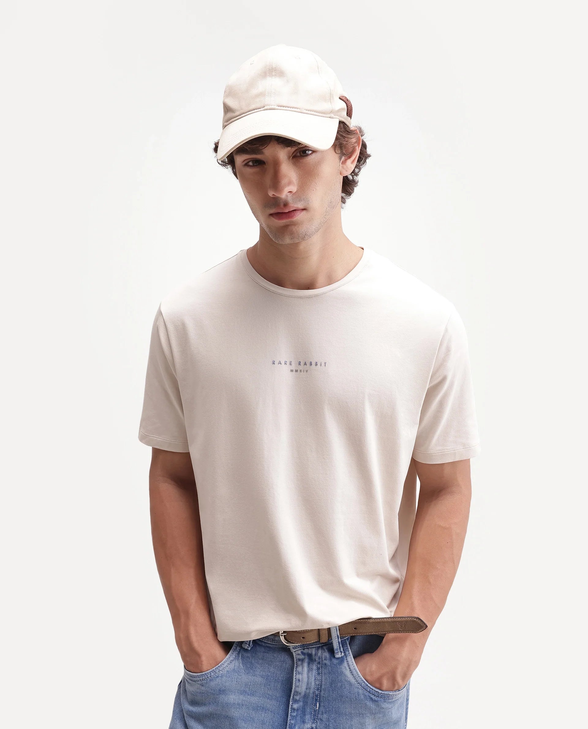 Rare Rabbit Men's Rabbit-A26 Beige Cotton Blend Crew Neck Regular Hd Print T-Shirt