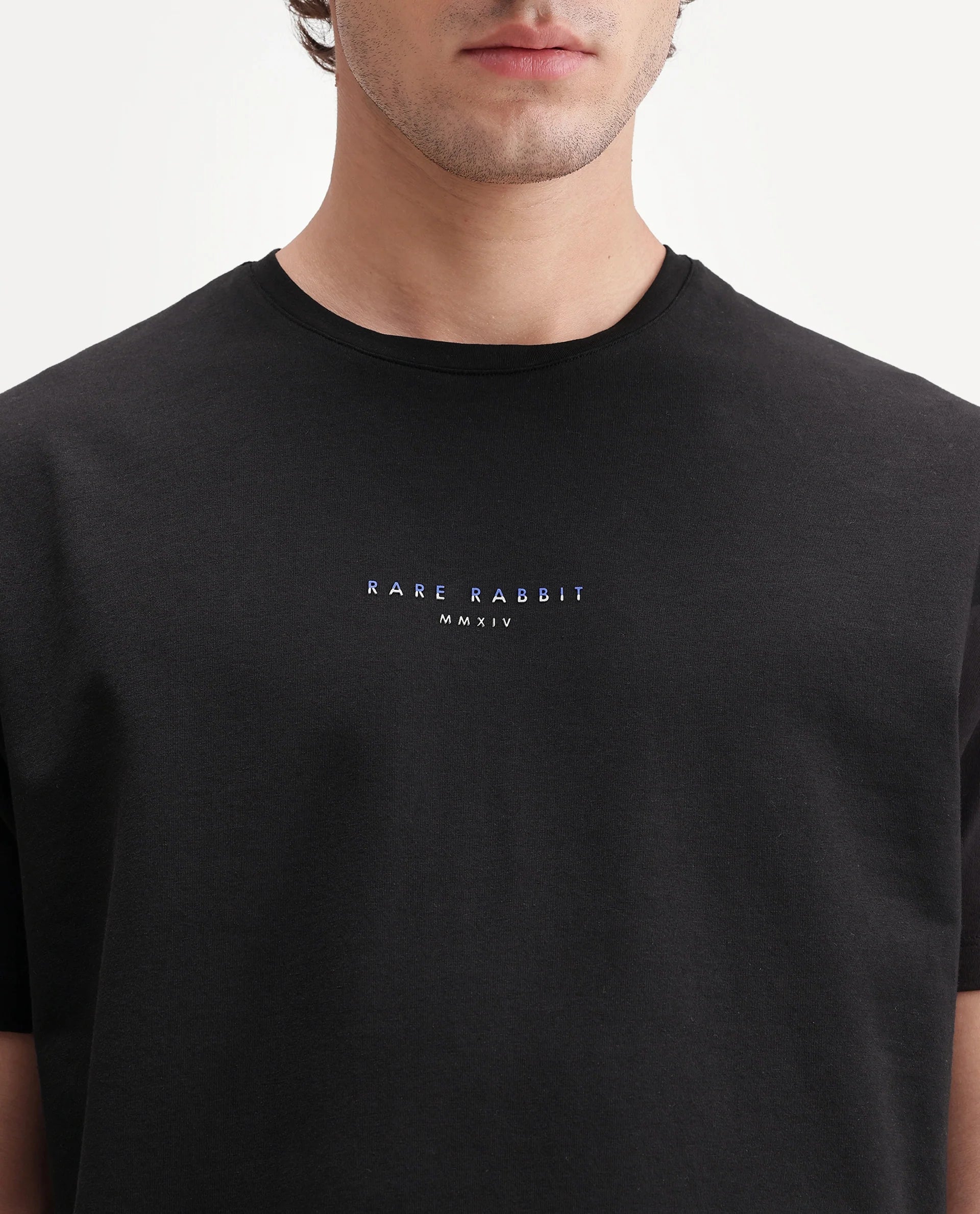 Rare Rabbit Men's Rabbit-A26 Primary Black Cotton Blend Crew Neck Regular Hd Print T-Shirt