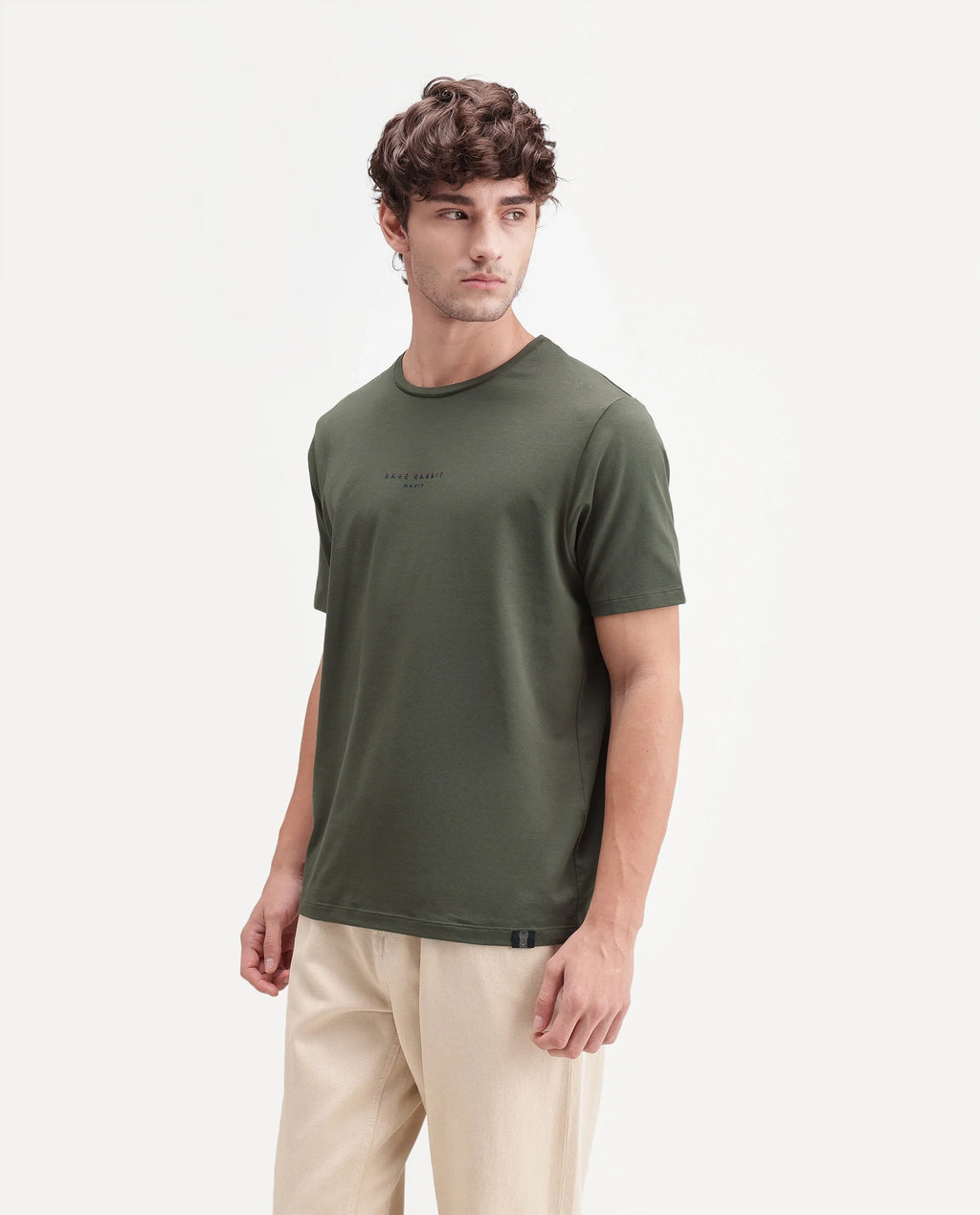 Rare Rabbit Men's Rabbit-A26 Olive Cotton Blend Crew Neck Regular Hd Print T-Shirt