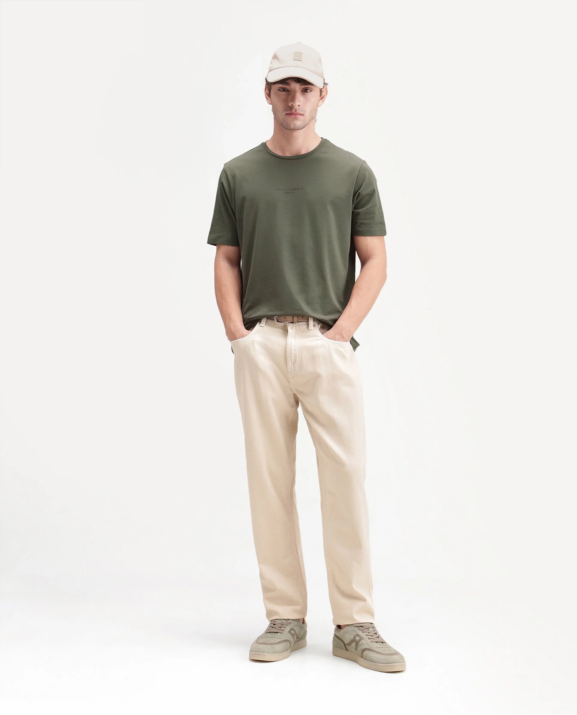 Rare Rabbit Men's Rabbit-A26 Olive Cotton Blend Crew Neck Regular Hd Print T-Shirt