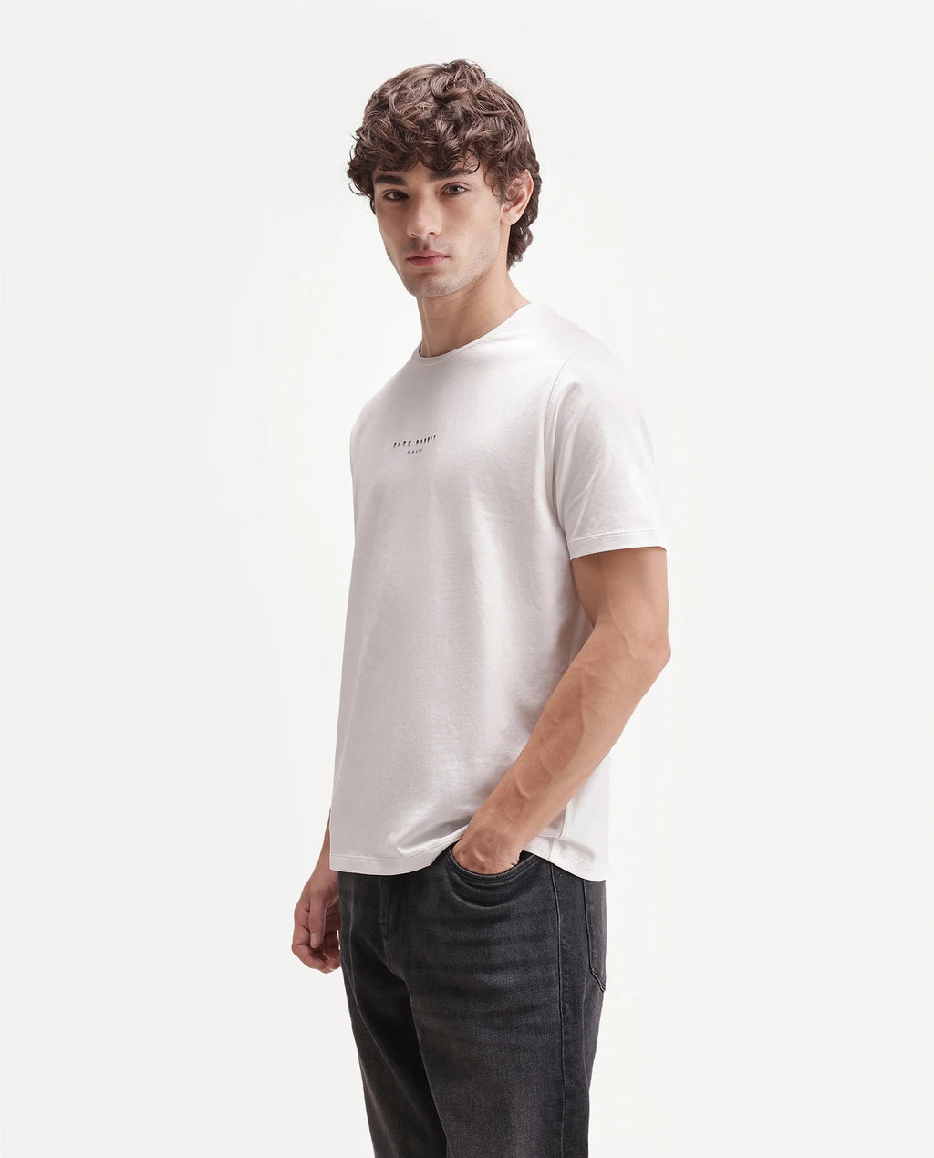 Rare Rabbit Men's Rabbit-A26 Primary White Cotton Blend Crew Neck Regular Hd Print T-Shirt
