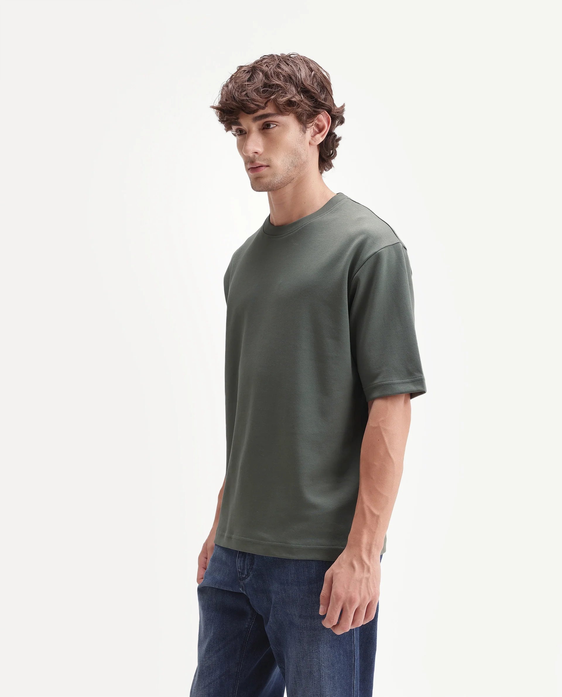 Rare Rabbit Men's Qlo-A26 Olive Cotton Blend Crew Neck Qlo Plain T-Shirt