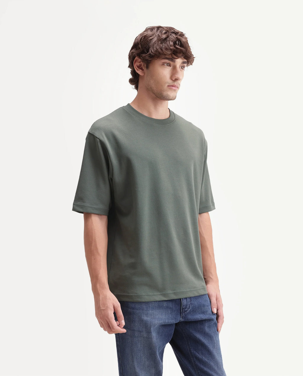 Rare Rabbit Men's Qlo-A26 Olive Cotton Blend Crew Neck Qlo Plain T-Shirt
