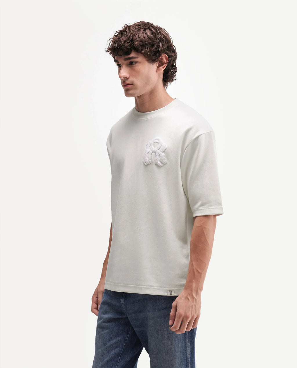 Rare Rabbit Men's Cole Primary Off White Cotton Blend Crew Neck Oversized Embroidered T-Shirt