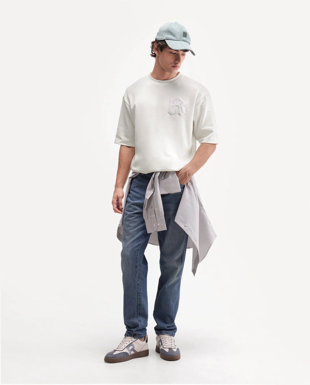 Rare Rabbit Men's Cole Primary Off White Cotton Blend Crew Neck Oversized Embroidered T-Shirt