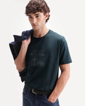 Rare Rabbit Men's Zeke Primary Teal Cotton Blend Crew Neck Regular Hd Print T-Shirt