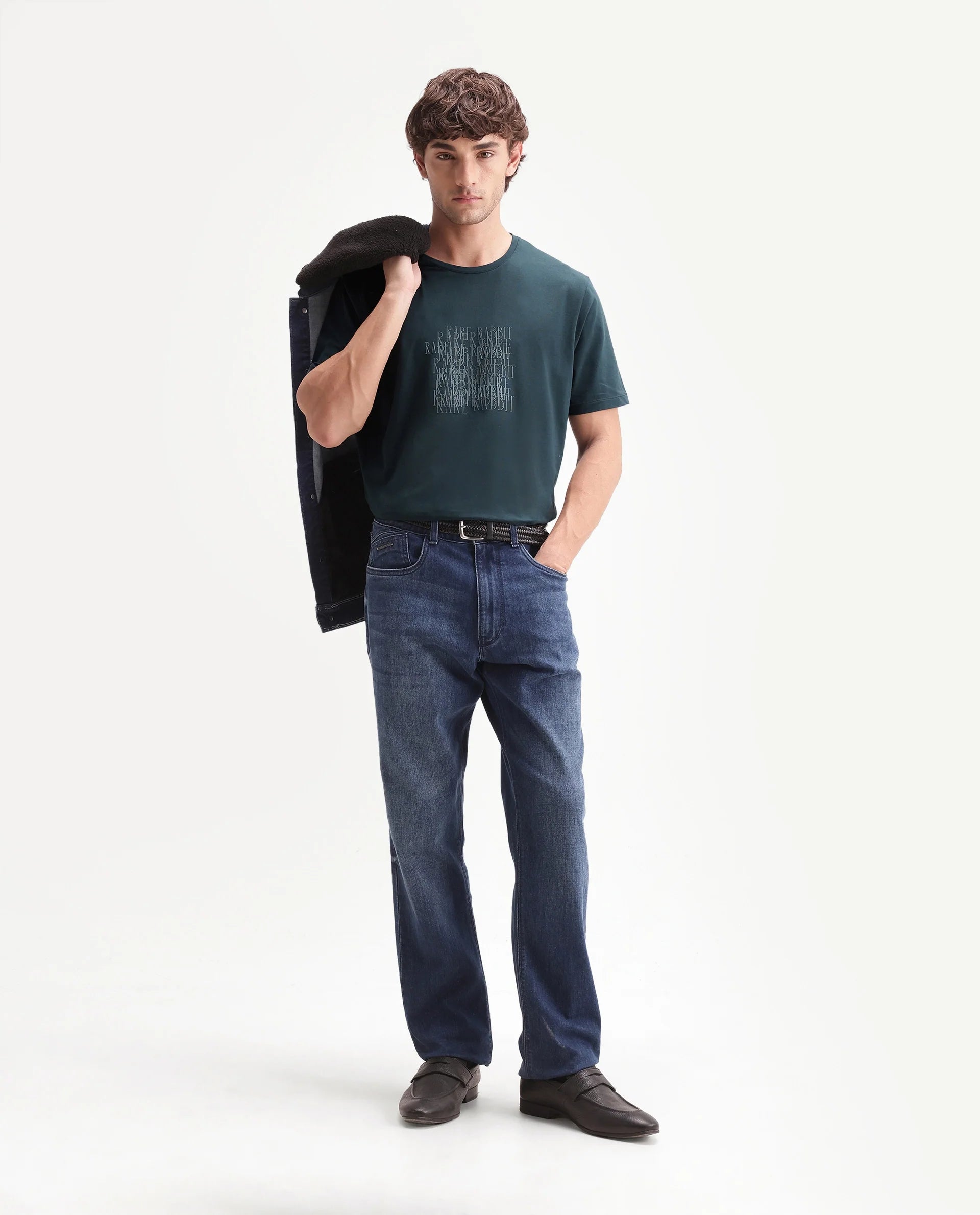 Rare Rabbit Men's Zeke Primary Teal Cotton Blend Crew Neck Regular Hd Print T-Shirt