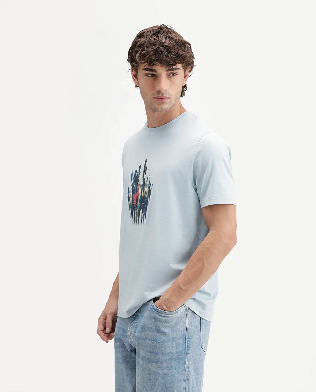 Rare Rabbit Men's Knight Light Blue Cotton Blend Crew Neck Regular Graphic Print T-Shirt
